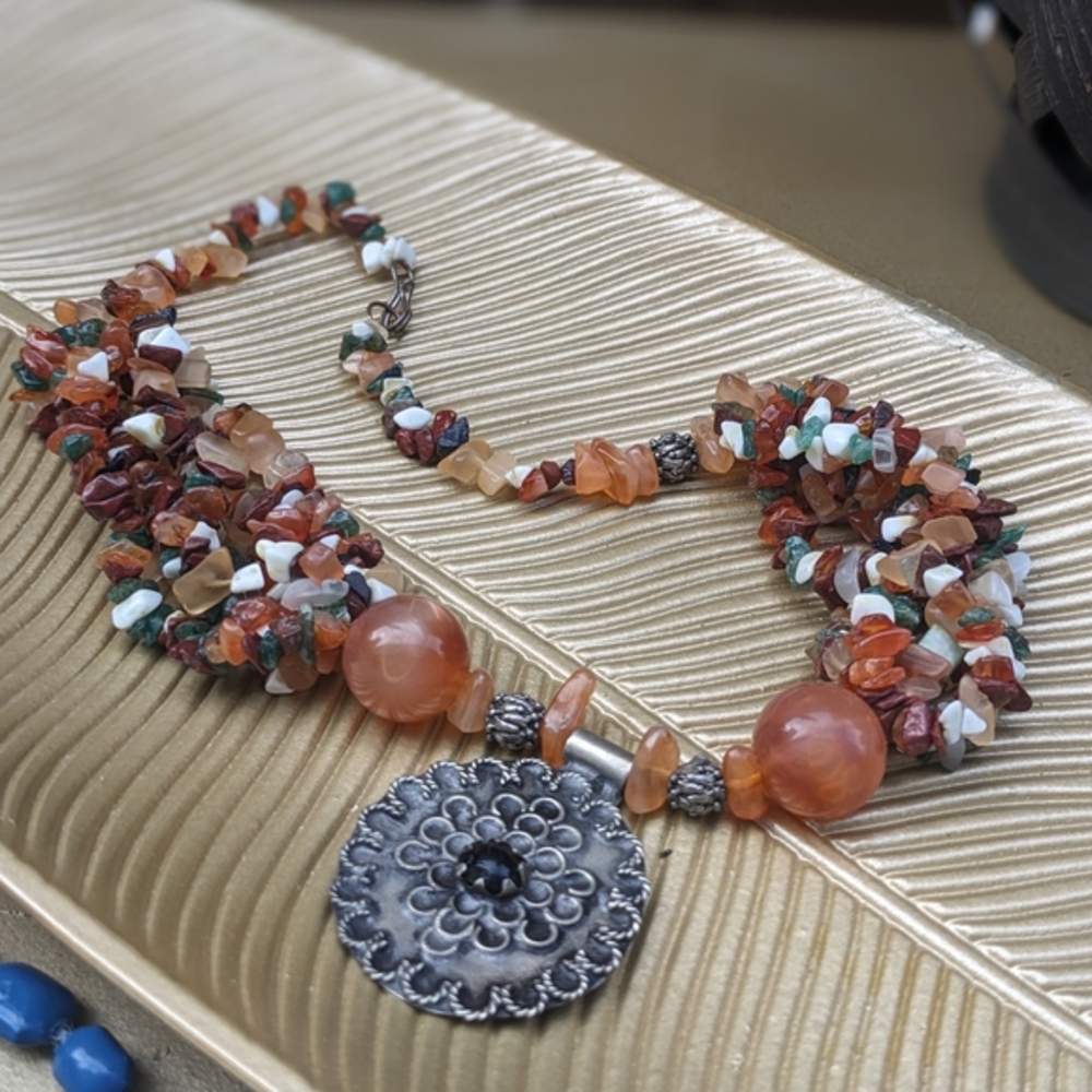 Multicolor Beaded Necklace with Silver Pendant